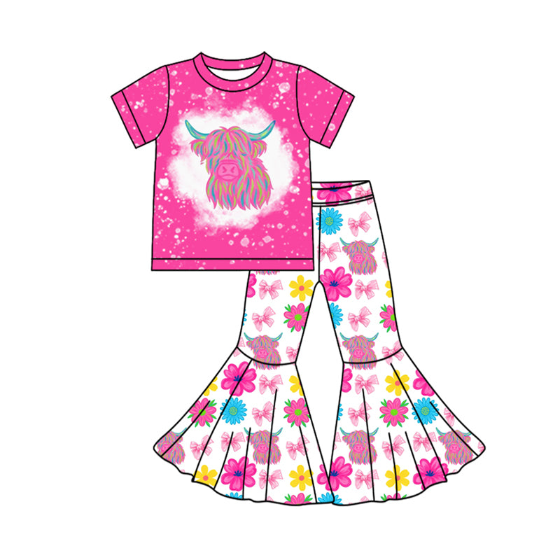 Preorder(moq 5)Baby Girls Highland Cows Top Flowers Bell Bottom Pants Western Clothes Sets