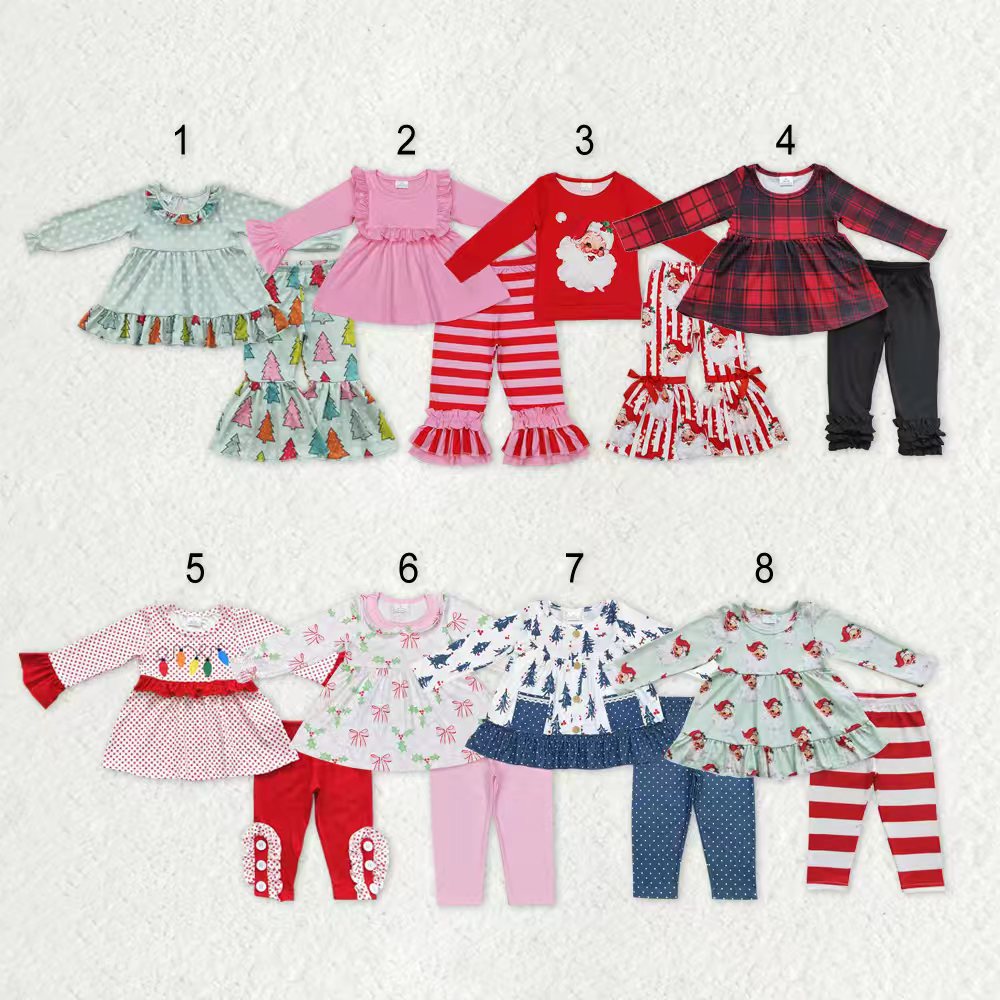 Sibling Baby Girls Long Ruffle Sleeves Santa Trees Lights Tunic Pants Christmas Clothes Sets