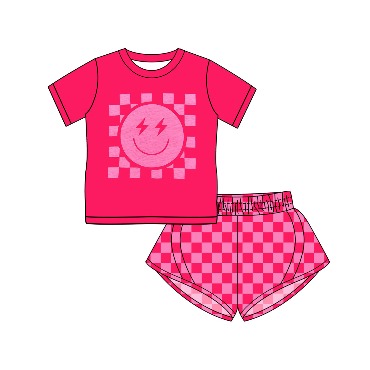 Preorder (moq 5)Baby Girls Hot Pink Short Sleeves Smile Top Plaid Yoga Short Set