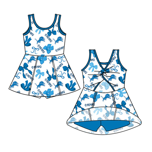 Preorder (moq 5)Baby Girls Sleeveless Blue Bows Plaid Lions Shorts Team Knee Length Dresses