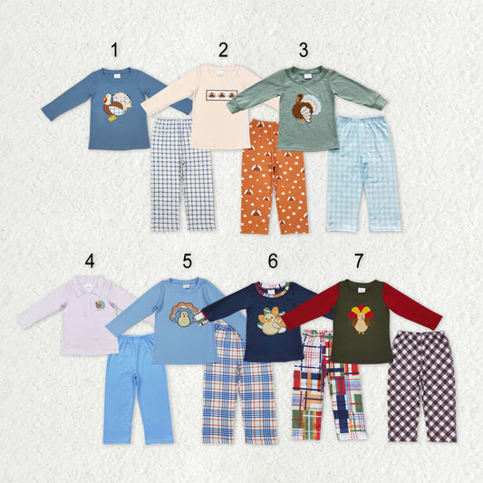 Sibling Baby Boys Embroidery Turkey Long Sleeves Pants Thanksgiving Clothes Sets