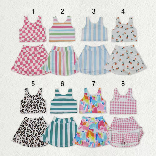 Sibling Baby Girls Sleeveless Stripe Checked Leopard Vest Top Yoga Athletic Skorts Sets
