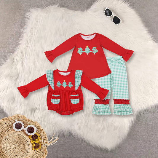 Sibling Baby Girls Christmas Tree Tunic Ruffle Pants Clothes Sets Rompers