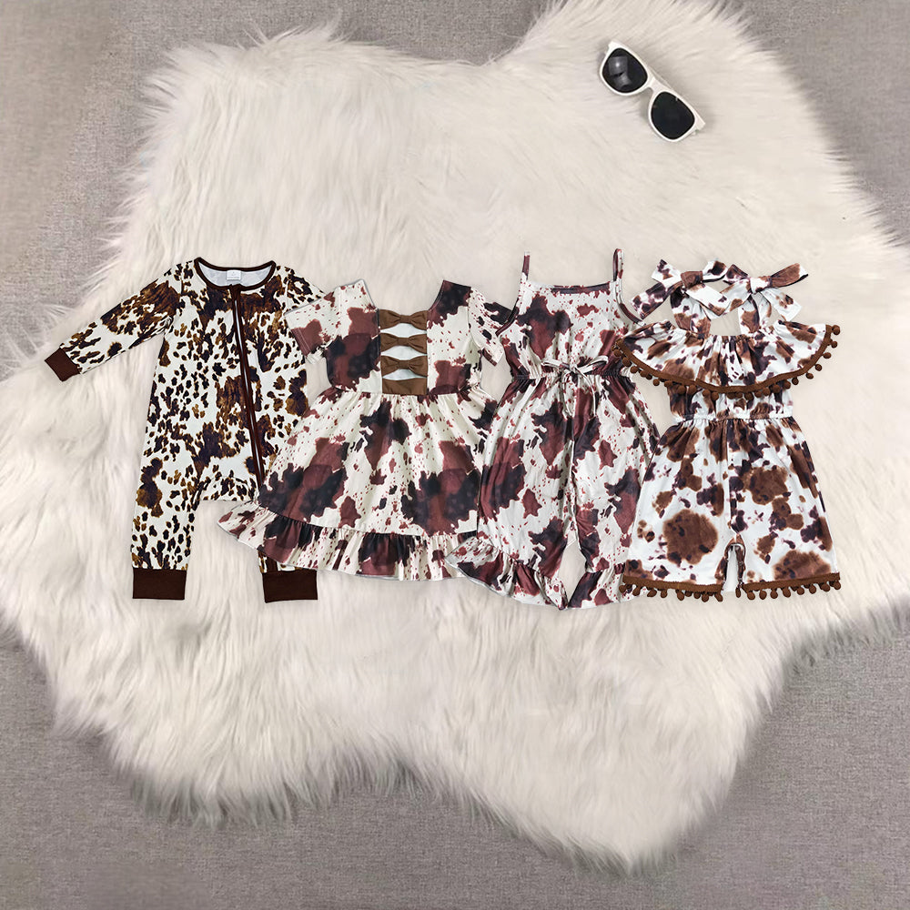 Sibling Baby Girls Summer Cow Print Bow Knee Length Dress Jumpsuit Zipper Rompers