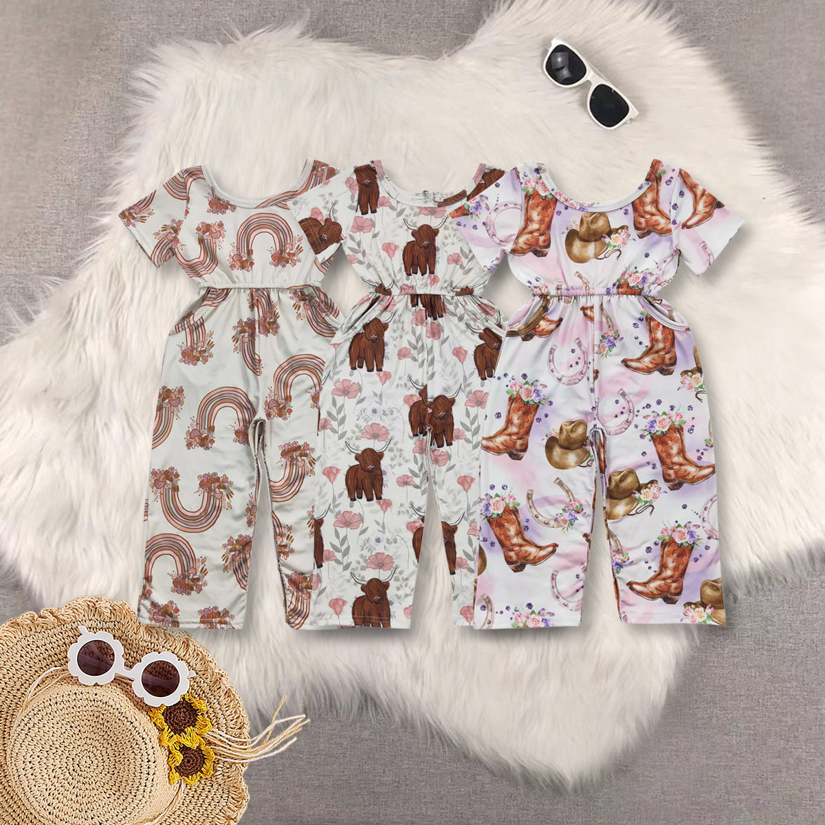 Sibling Baby Girls Short Sleeves Highland Cows Floral Pockets Jumpsuits