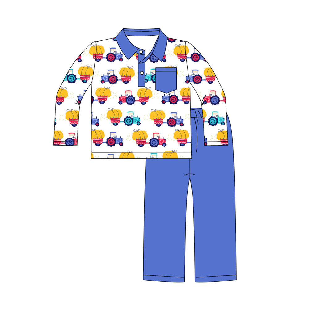 Preorder (moq 5)Baby Boys Trucks Button Pocket Top Pant Farm Clothes Sets