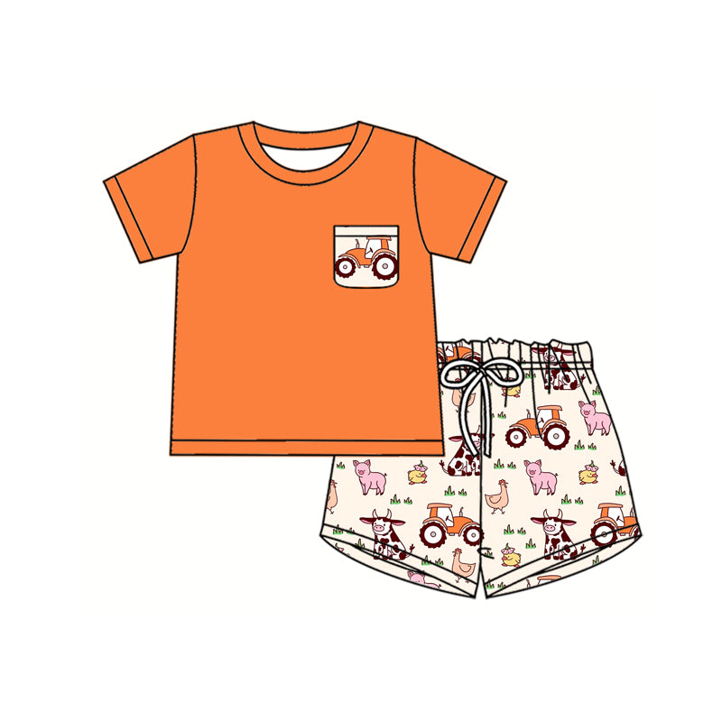 Preorder (moq 5)Baby Boys Peach Short Sleeves Pocket Top Pigs Cows Short Farm Clothes Sets