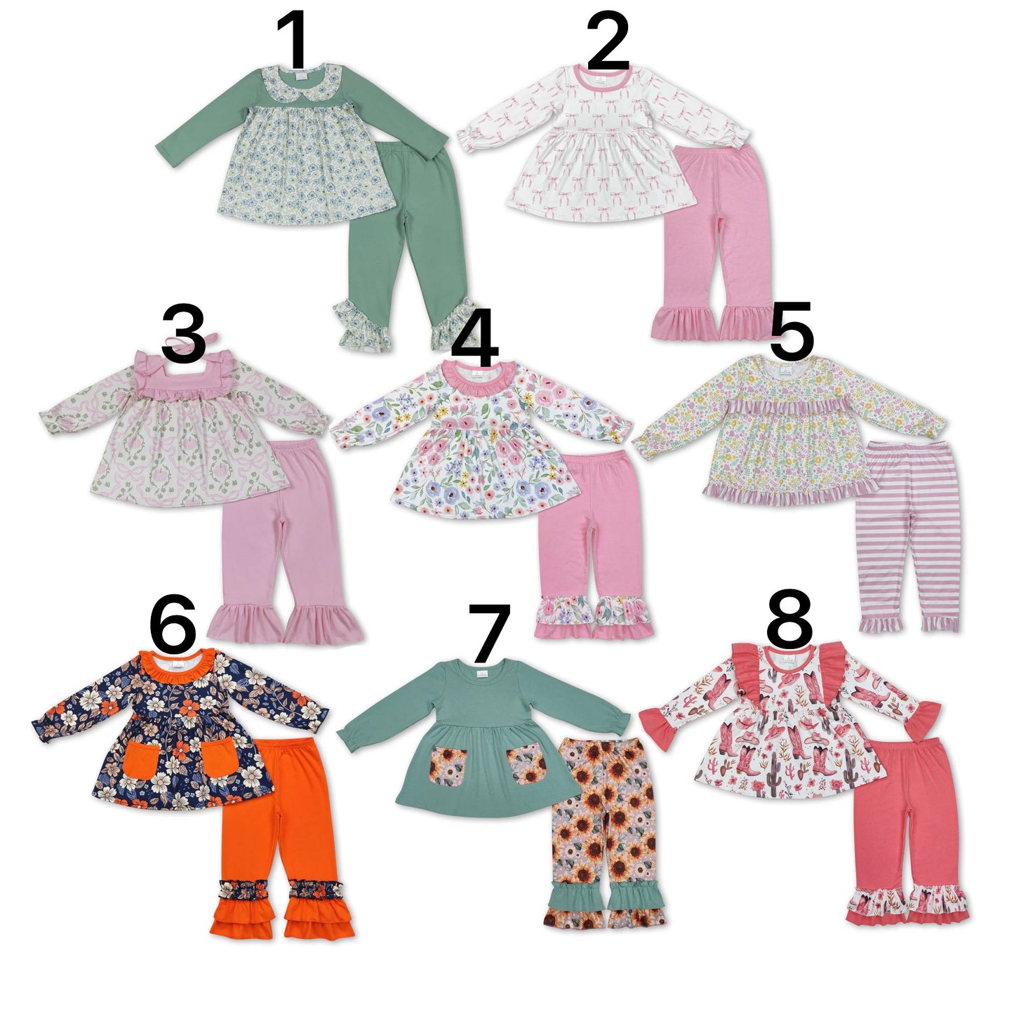 Sibling Baby Girls Long Sleeves Colorful Floral Bows Plaid Tunic Ruffle Pants Sets