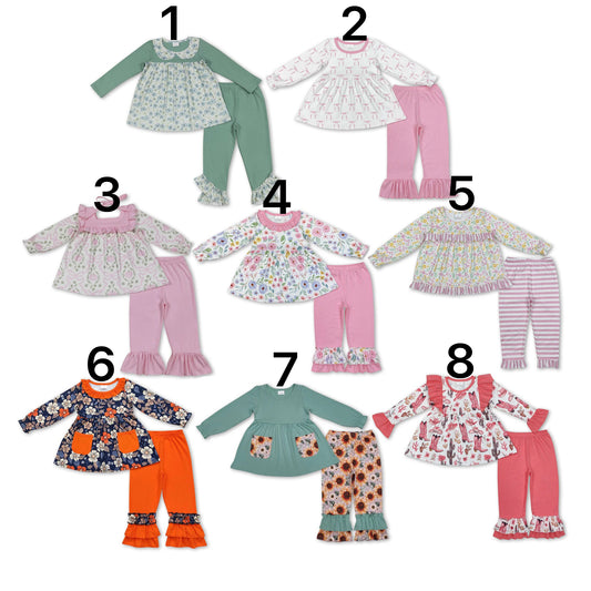Sibling Baby Girls Long Sleeves Colorful Floral Bows Plaid Tunic Ruffle Pants Sets