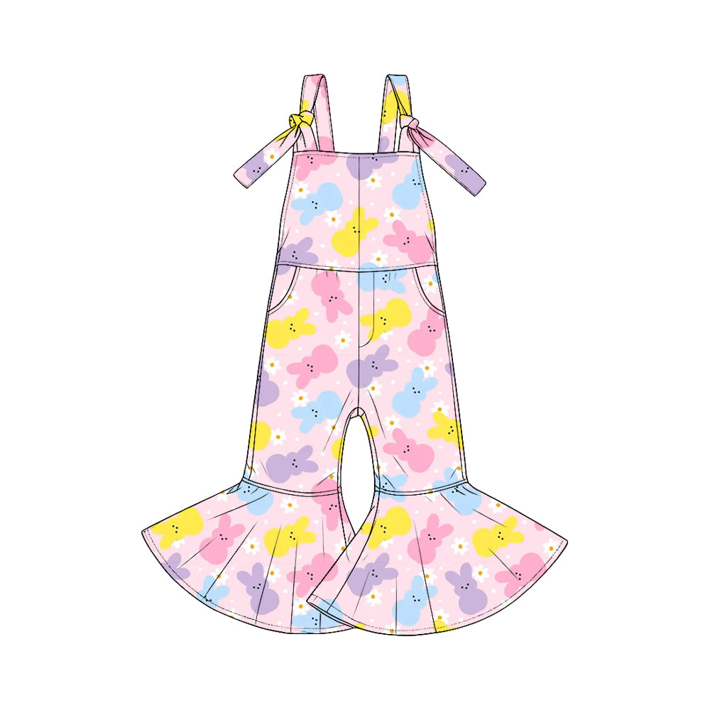 Pre-order(moq5)  Cute Girls Easter Sleeveless Tie Strap Flared Jumpsuit with Pockets