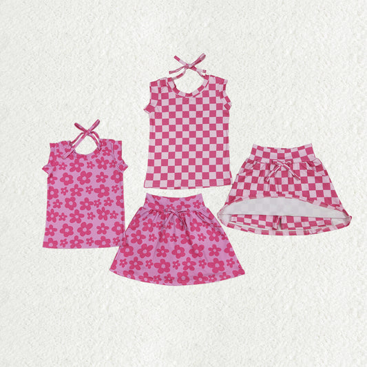 Sibling Baby Girls Pink Sleeveless Flowers Plaid Shirts Top Skorts Clothes Sets