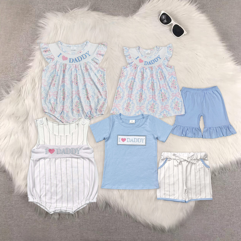 Sibling Embroidery Baby Kids I LOVE DADDY Top Shorts Clothes Sets