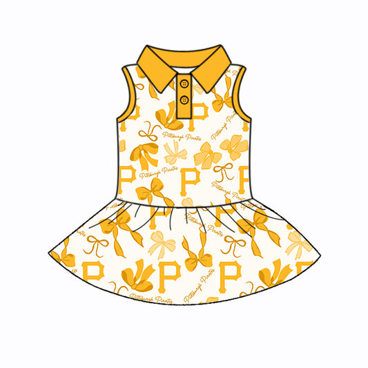 Preorder (moq 5)Baby Girls Yellow Sleeveless Bows Plaid P Button Team Knee Length Dresses