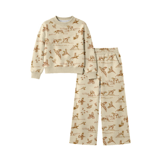 Preorder (moq 5)Baby Girls Dogs Ducks Shirt Pockets Flare Pant Hunting Clothes Sets