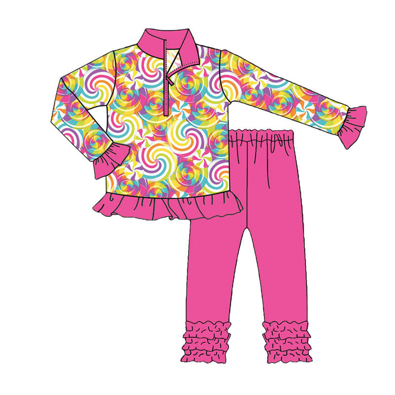 Preorder (moq 5)Baby Girls Pink Colorful Candy Zipper Pullover Ruffle Leggings Clothes Sets