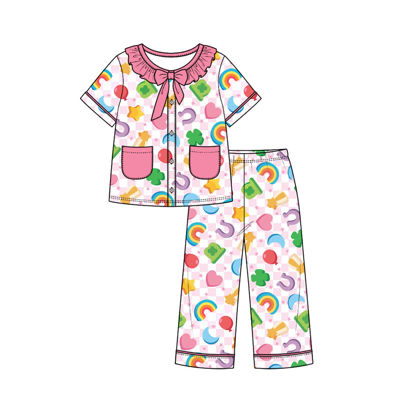 Preorder (moq 5) Baby Girl Clothes Rainbow Heart Clover Star Mixed Print Short Sleeve Ruffle Bow Long Pant Pajama Set