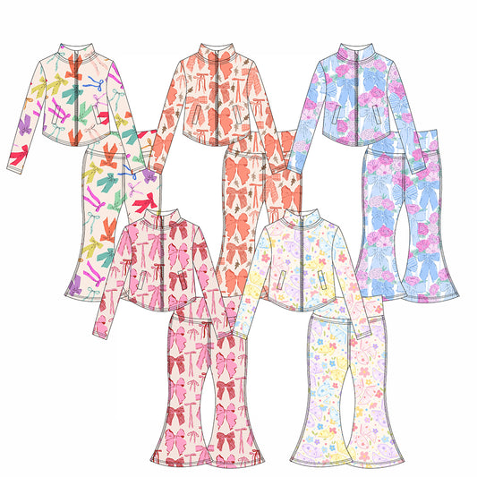 Preorder moq 10 Baby Girls Colorful Bows Long Sleeves Pockets Zipper Top Bell Bottom Pant Activity Wear Yoga Set