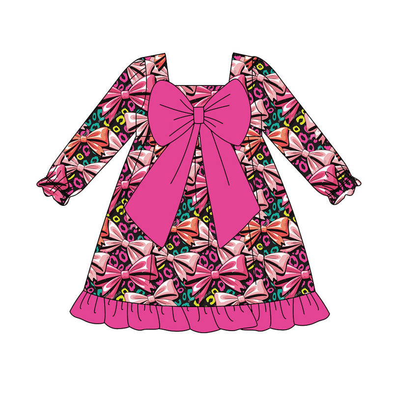 Preorder(moq 8)Baby Girls Hot Pink Leopard Bows Plaid Ruffle Knee Length Dresses