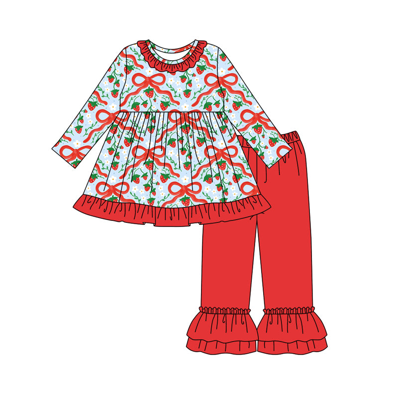 Preorder (moq 5)Baby Girls Red Bows Strawberry Plaid Tunic Ruffle Pants Set