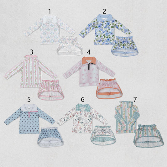 7 Colors Sibling Baby Girls Flowers Bows Zip Top Skirt Skort Bottoms Sets