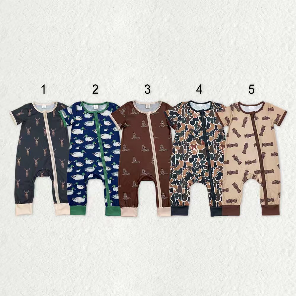 Sibling Baby Infant Boys Western Deer Camo Short Sleeves Bamboo Zipper Footie Rompers
