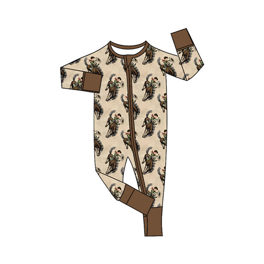 Preorder (moq 20)Baby Boys Bamboo Horse Rodeos Western Two Way Zip Convertible Rompers
