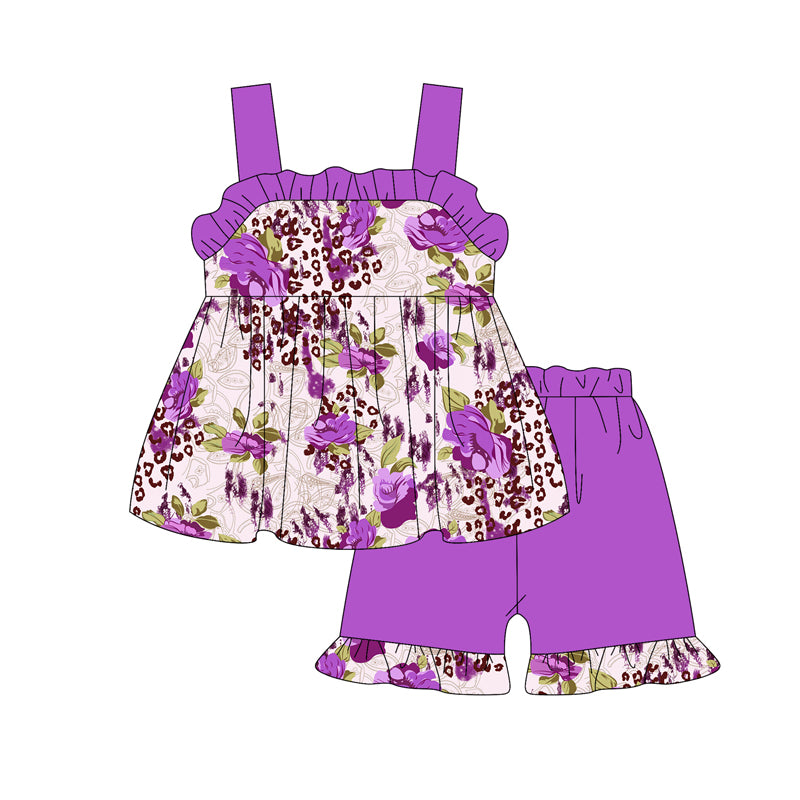 Preorder (moq 5)Baby Girls Purple Strap Floral Leopard Tunic Ruffle Shorts Clothes Sets