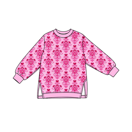Preorder (moq 5) Baby Girl Clothes Pink Damask Heart Mixed Print Long Sleeve Tunic Top