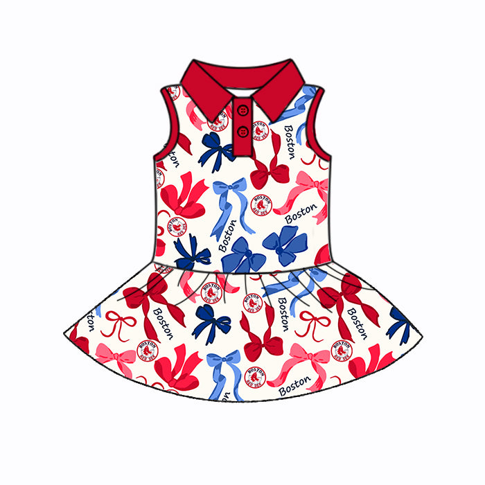 Preorder (moq 5)Baby Girls Sleeveless Blue Red Bows Plaid Boston Button Team Knee Length Dresses