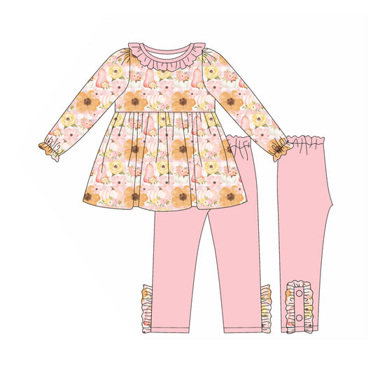 Preorder (moq 5)Baby Girls Long Ruffle Sleeves Flowers Pumpkins Tunic Legging Pant Set