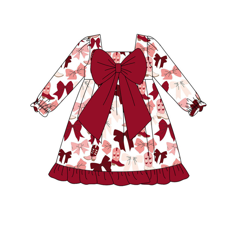 Preorder (moq 5)Baby Girls Long Ruffle Sleeve Pink Red Heart Boots Bows Knee Length Dresses