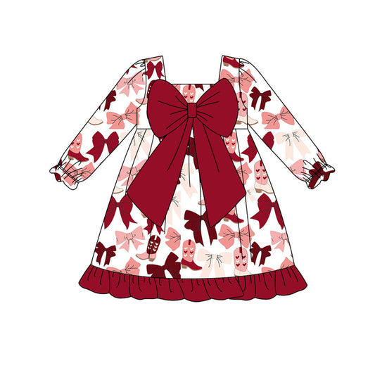 Preorder (moq 5)Baby Girls Long Ruffle Sleeve Pink Red Heart Boots Bows Knee Length Dresses