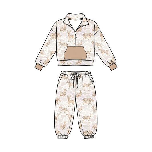 Preorder (moq 5)Baby Boys Deer Ducks Camo Zip Pocket Pullover Joggers Hunting Clothes Set
