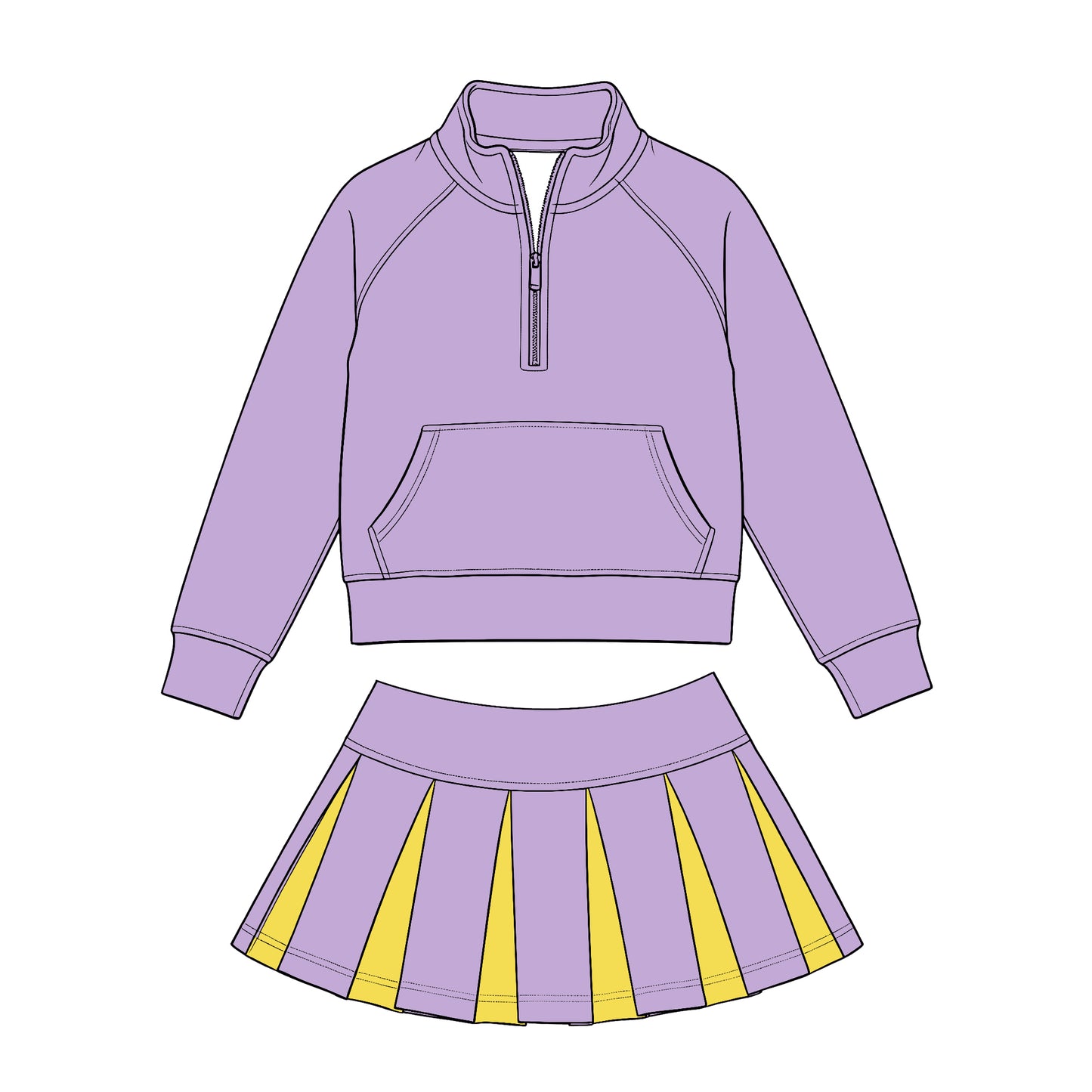Preorder (moq 5) Baby Girls Purple Zip Pockets Pullovers Yellow Pleated Skirt Short Clothes Sets