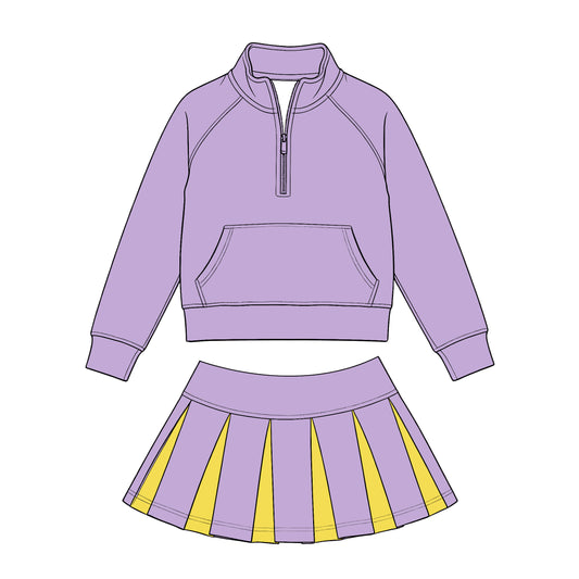 Preorder (moq 5) Baby Girls Purple Zip Pockets Pullovers Yellow Pleated Skirt Short Clothes Sets