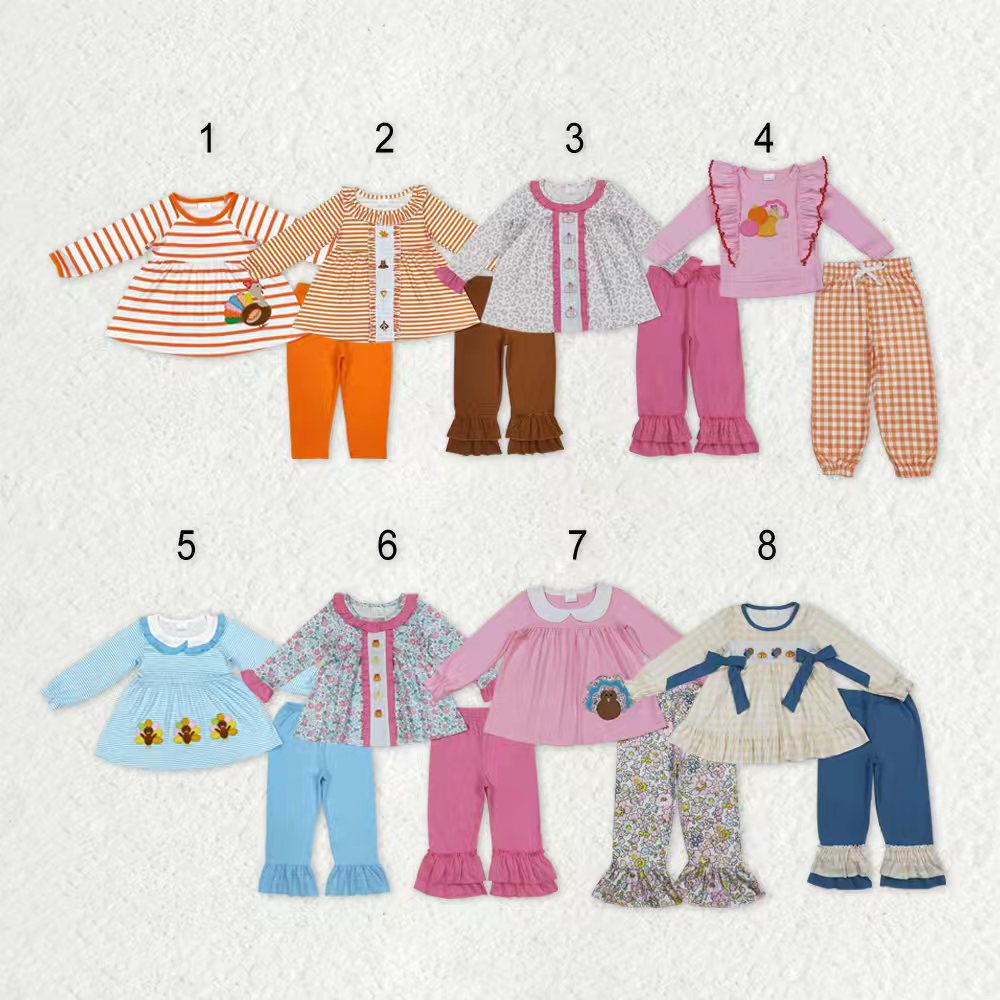 Sibling Baby Girls Embroidery Turkey Pie Pumpkins Tunic Pants Thanksgiving Clothes Sets
