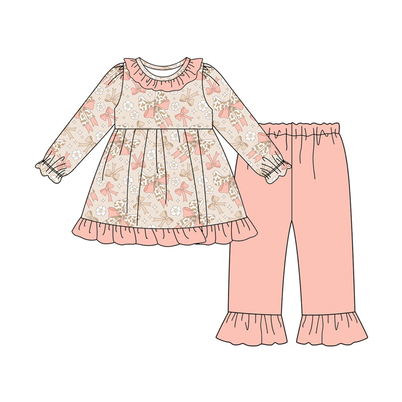 Preorder (moq 5)Baby Girls Peach Camo Bows Flowers Plaid Tunic Ruffle Pant Set