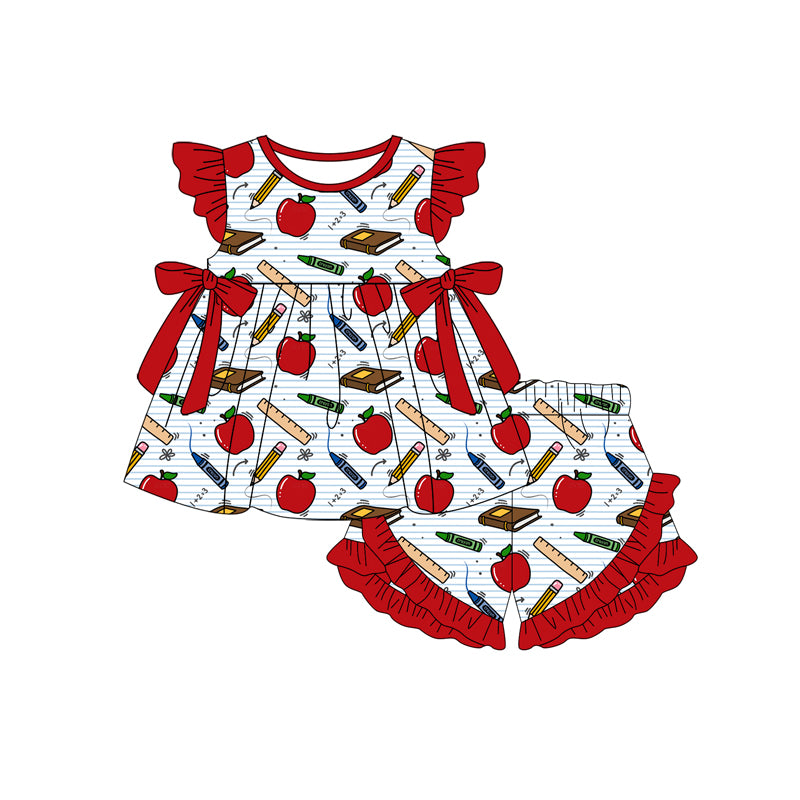 Preorder (moq 5)Baby Girls Flutter Sleeve Apples Books Tunic Ruffle Shorts Back to School Clothes Sets