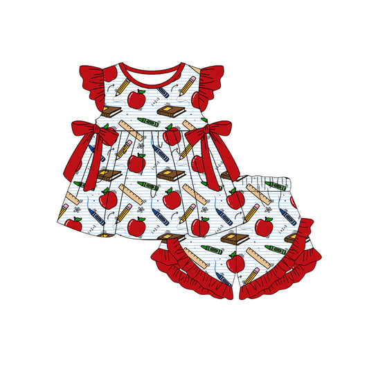 Preorder (moq 5)Baby Girls Flutter Sleeve Apples Books Tunic Ruffle Shorts Back to School Clothes Sets