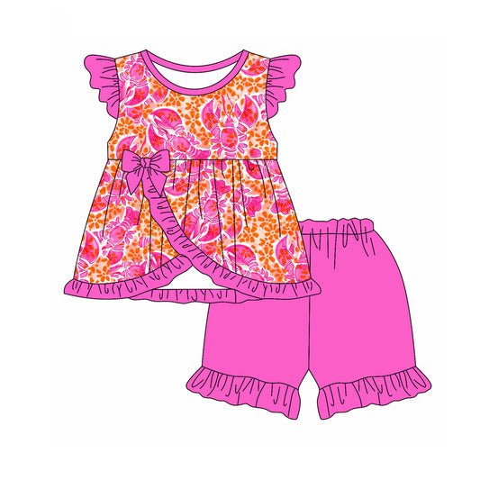 Preorder (moq 5)Baby Girls Crawfish Bows Pink Tunic Top Ruffle Shorts Clothes Sets