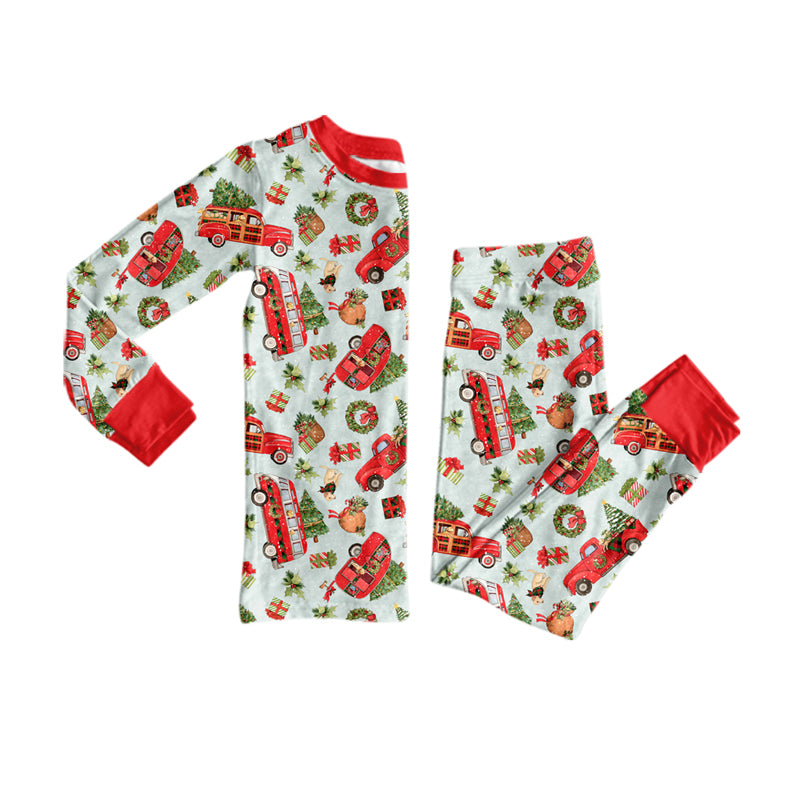 Preorder (moq 5) Baby Boys Trees Holly Bus Top Pant Christmas Pajamas Sets