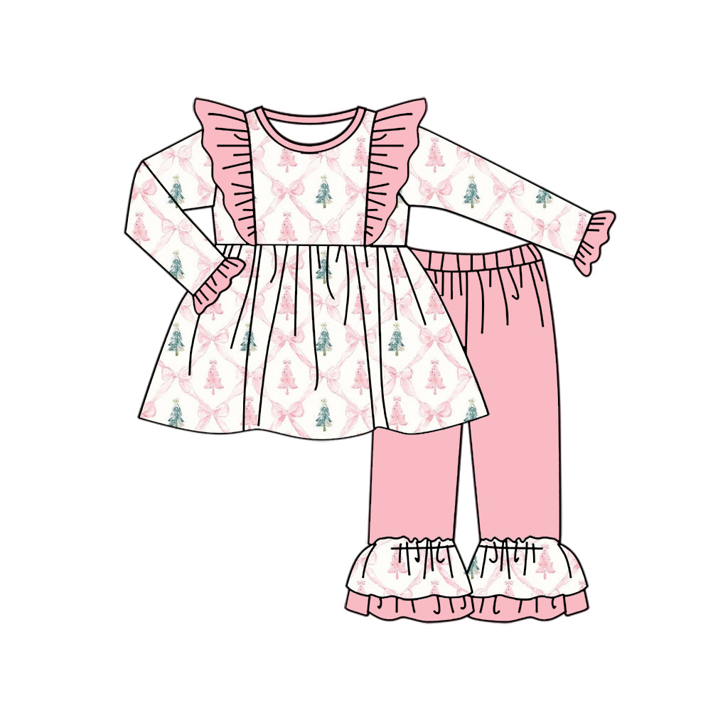 Preorder (moq 5)Baby Girls Long Sleeves Pink Bows Trees Plaid Tunic Ruffle Pant Set