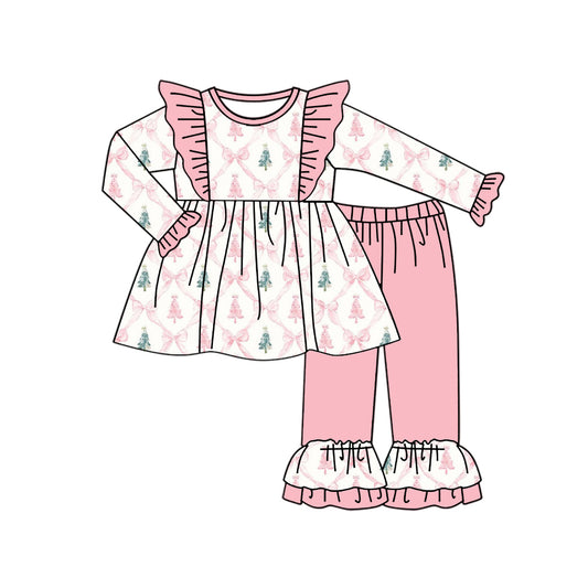 Preorder (moq 5)Baby Girls Long Sleeves Pink Bows Trees Plaid Tunic Ruffle Pant Set