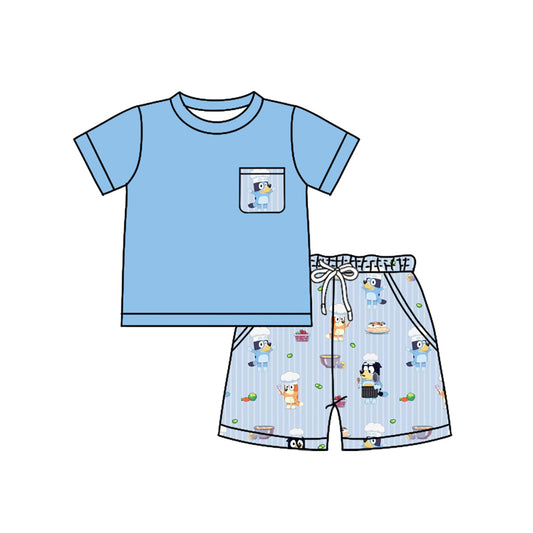 Preorder (moq 5)Baby Boys Blue Short Sleeves Pocket Top Cartoon Dogs Stripe Short Set