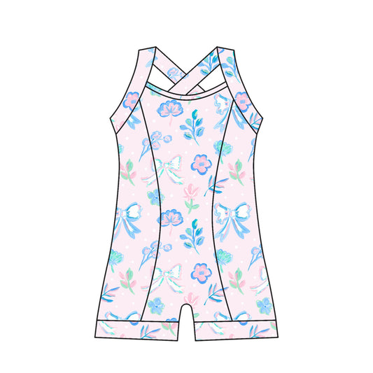 Preorder moq 10 Baby Girls Strap Lavender Flowers Bows Activity Wear Yoga Jumpsuits