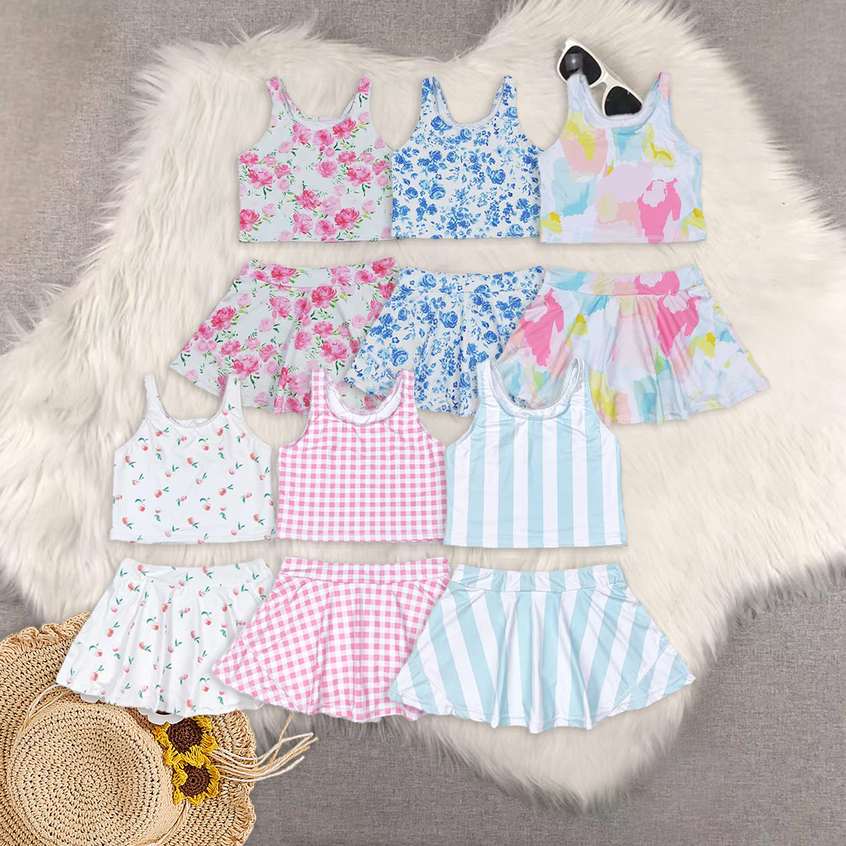 Sibling Baby Girls Colorful Tie Dye Floral Top Short Skirts Active Wear Summer Clothes Sets