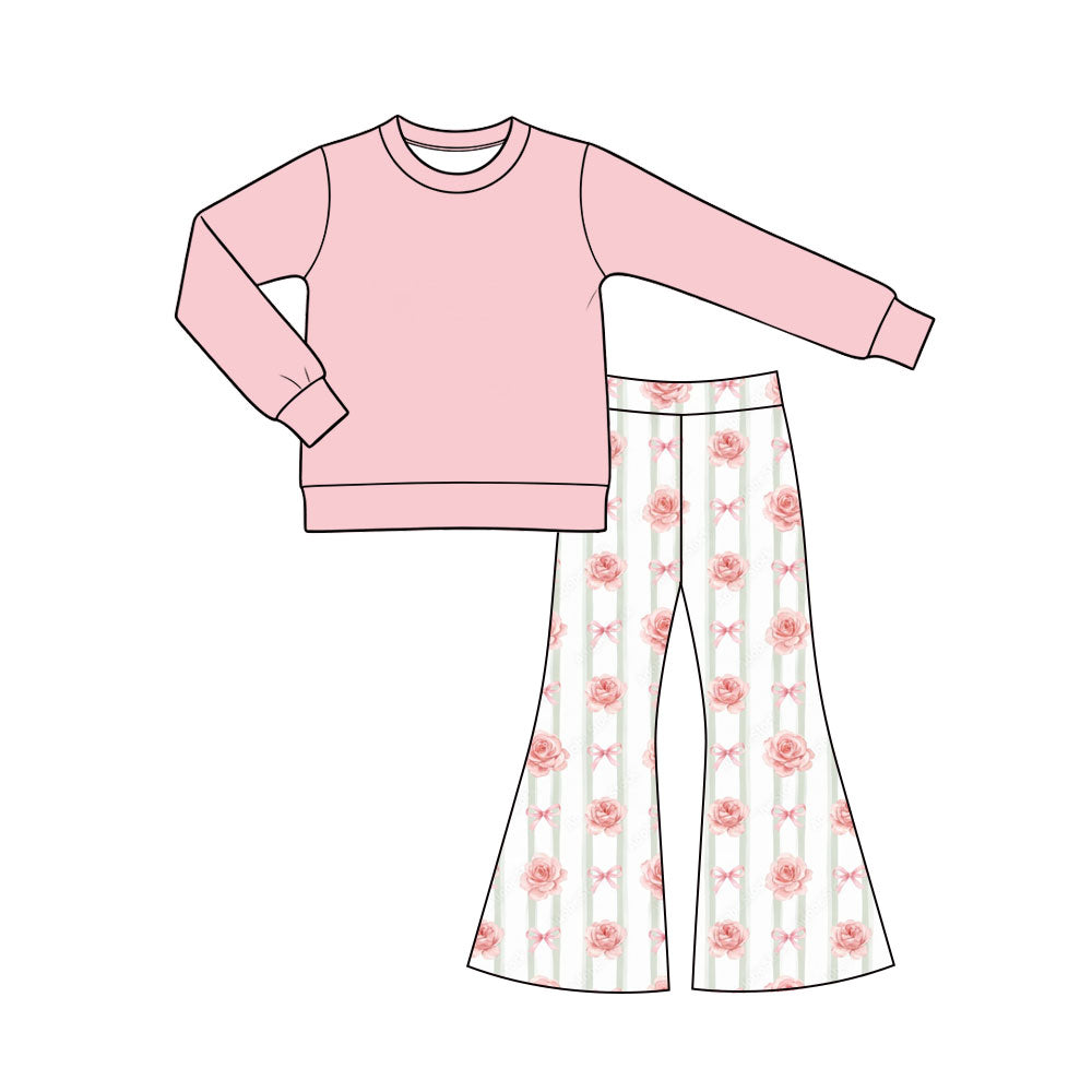 Preorder (moq 5) Baby Girl Clothes Solid Pink Top Rose Bow Stripe Print Flare Pants Outfit Set