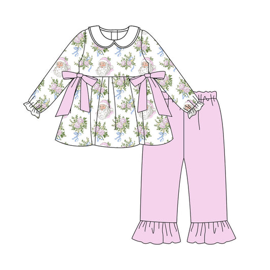 Preorder (moq 5)Baby Girls Flowers Bows Santa Tunic Ruffle Pants Christmas Clothes Sets
