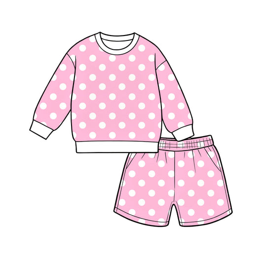 Preorder (moq 5)Baby Girls Pink Polka Dots Long Sleeve Top Pockets Short Clothes Set