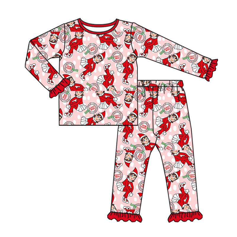 Preorder (moq 5) Baby Girls Santa Mail Top Ruffle Pant Christmas Pajamas Sets